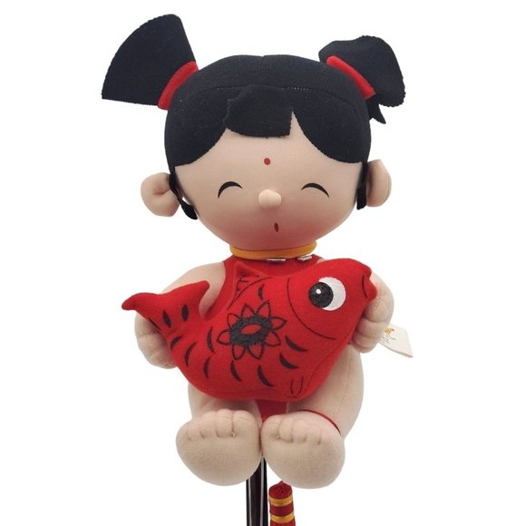 Cute Chinese Wind Doll Girl Holding Fish Plush 10 Inch Anime Cartoon Red Black - Picture 2 of 6